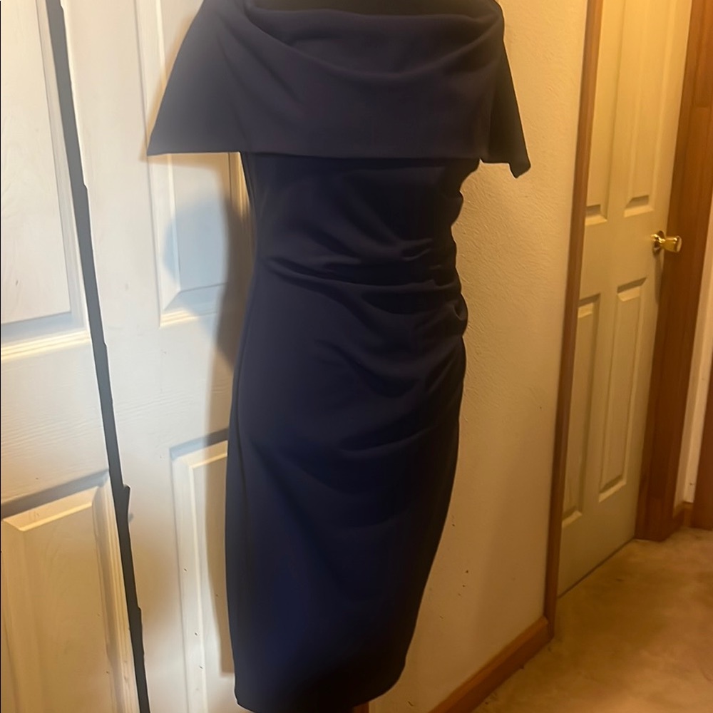 Vince Camuto Blue Asymmetrical Ruched Sheath Dress
